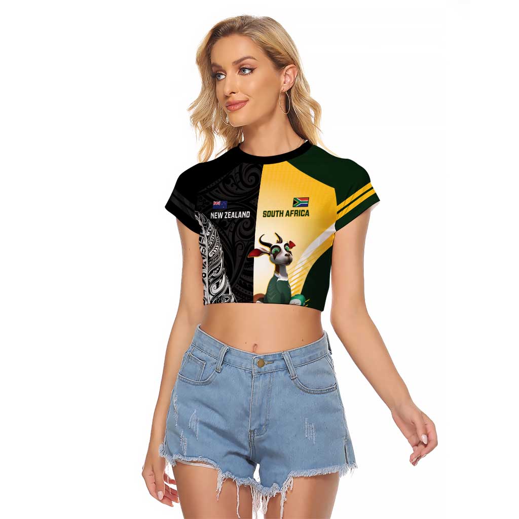 New Zealand and South Africa Rugby Custom Raglan Cropped T Shirt Maori Silver Fern Springbok Together - Polynesian Pride