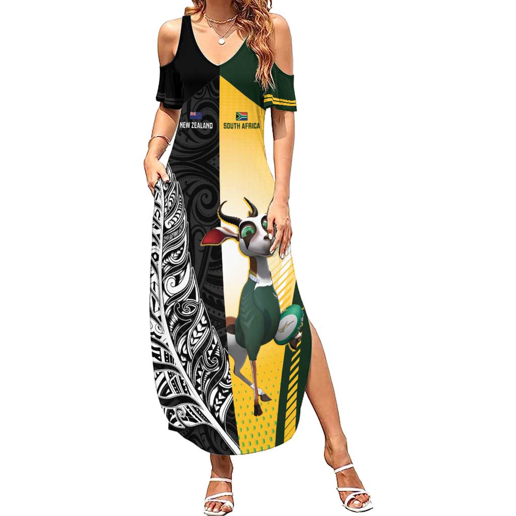 New Zealand and South Africa Rugby Custom Summer Maxi Dress Maori Silver Fern Springbok Together - Polynesian Pride