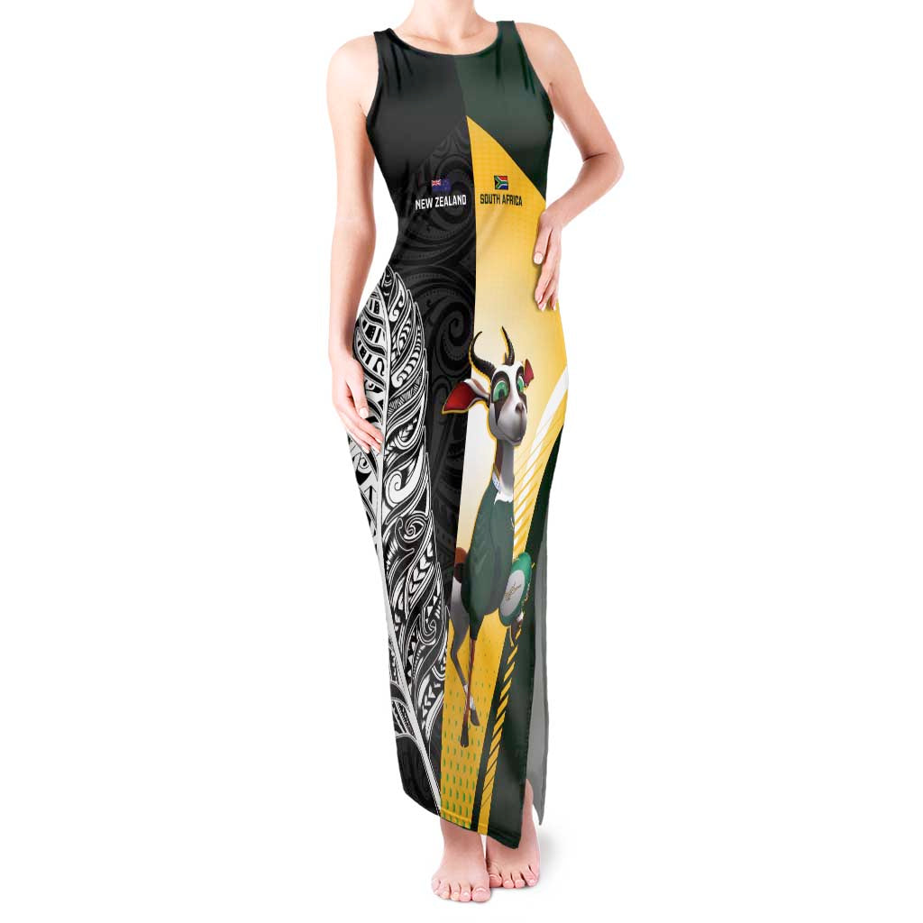 New Zealand and South Africa Rugby Custom Tank Maxi Dress Maori Silver Fern Springbok Together - Polynesian Pride