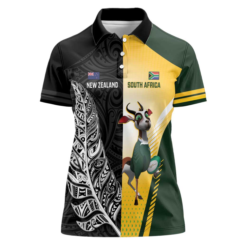 New Zealand and South Africa Rugby Custom Women Polo Shirt Maori Silver Fern Springbok Together - Polynesian Pride