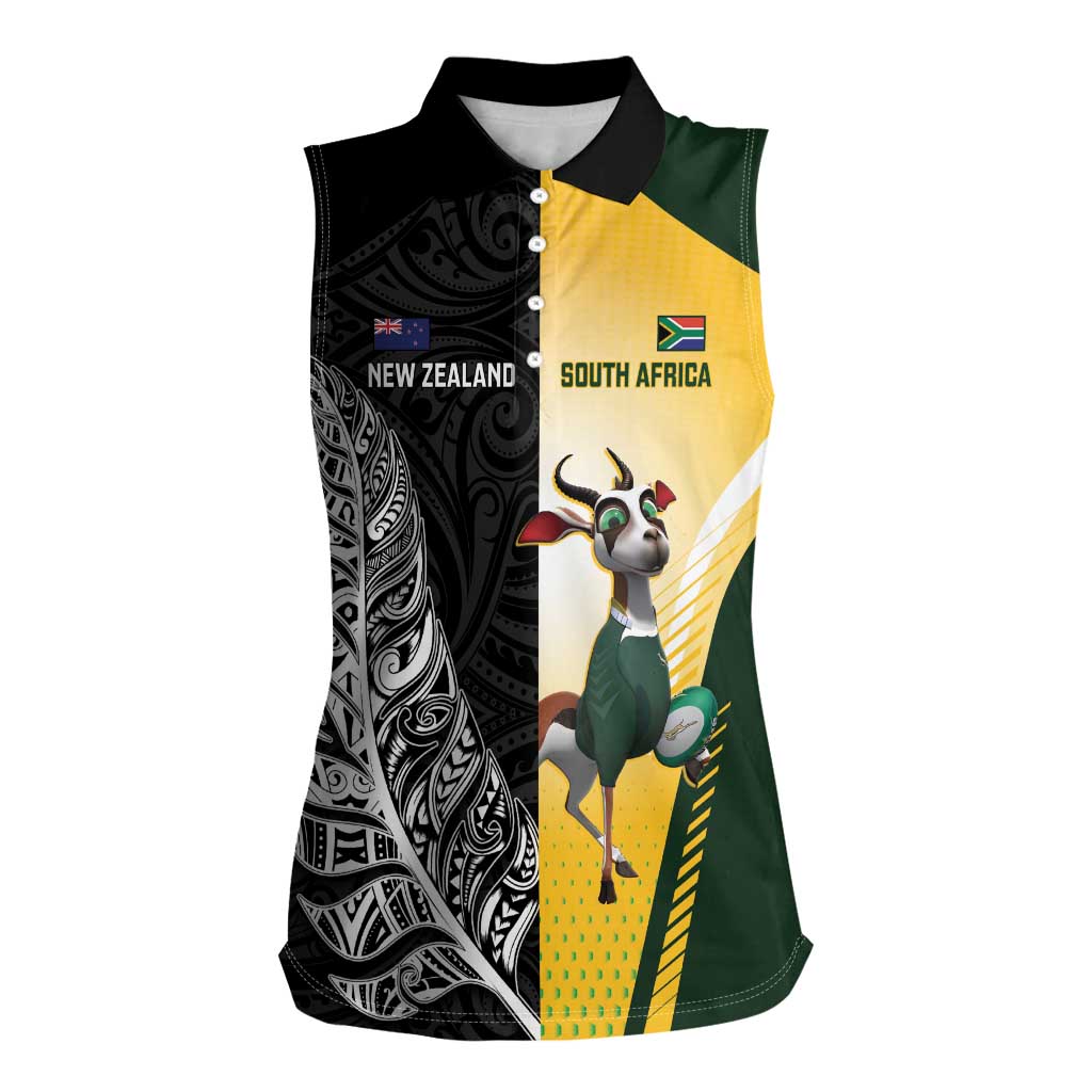 New Zealand and South Africa Rugby Custom Women Sleeveless Polo Shirt Maori Silver Fern Springbok Together - Polynesian Pride
