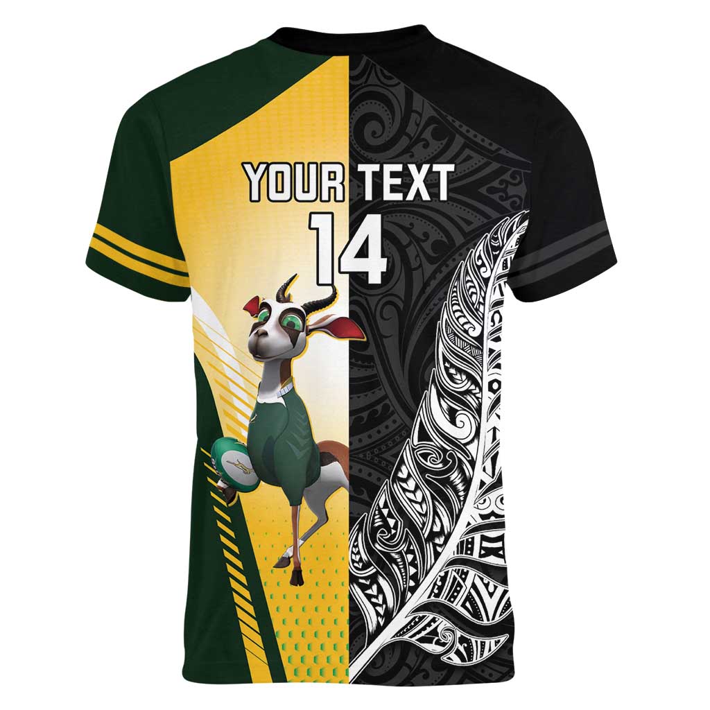 New Zealand and South Africa Rugby Custom Women V-Neck T-Shirt Maori Silver Fern Springbok Together - Polynesian Pride