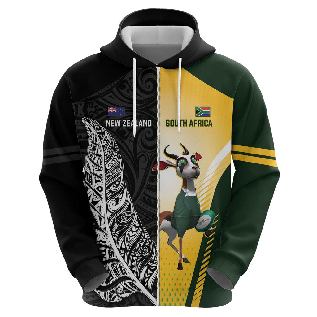 New Zealand and South Africa Rugby Custom Zip Hoodie Maori Silver Fern Springbok Together - Polynesian Pride