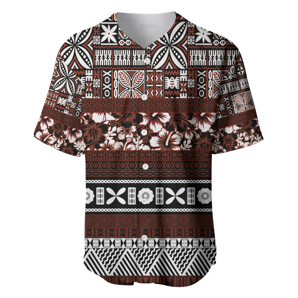 Bula Fiji Baseball Jersey Fijian Tapa Masi With Hibiscus Flowers LT14 Brown - Polynesian Pride