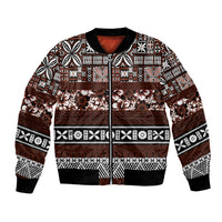 Bula Fiji Bomber Jacket Fijian Tapa Masi With Hibiscus Flowers LT14 Unisex Brown - Polynesian Pride