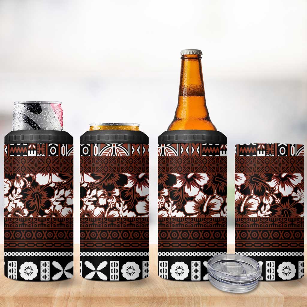 Bula Fiji 4 in 1 Can Cooler Tumbler Fijian Tapa Masi With Hibiscus Flowers