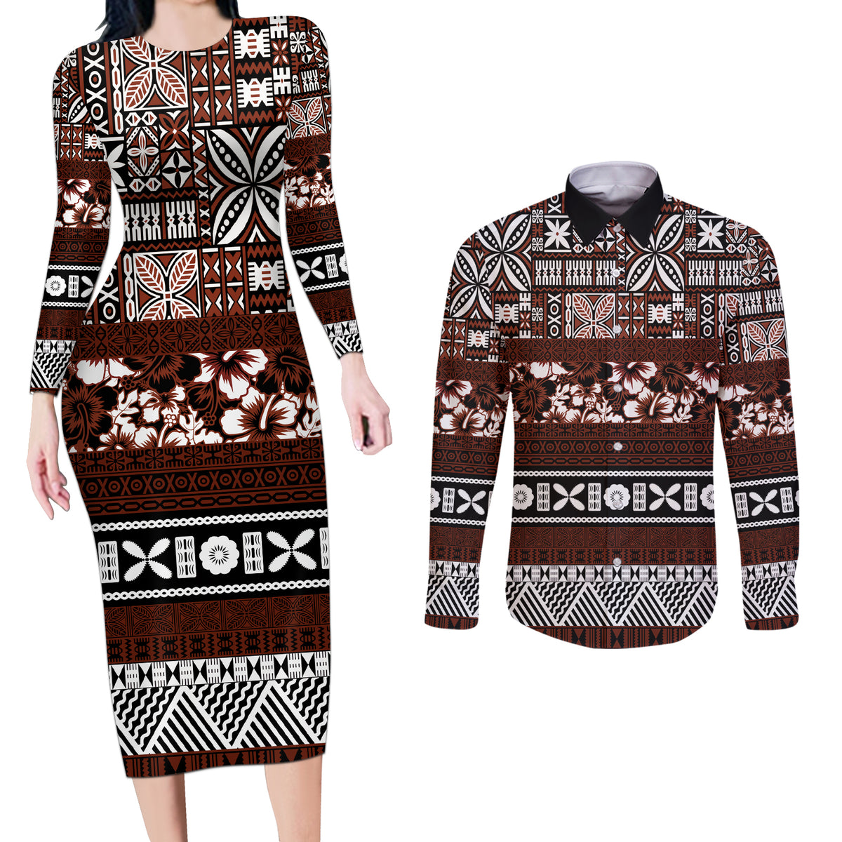 Bula Fiji Couples Matching Long Sleeve Bodycon Dress and Long Sleeve Button Shirt Fijian Tapa Masi With Hibiscus Flowers LT14 Brown - Polynesian Pride