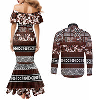 Bula Fiji Couples Matching Mermaid Dress and Long Sleeve Button Shirt Fijian Tapa Masi With Hibiscus Flowers LT14 - Polynesian Pride