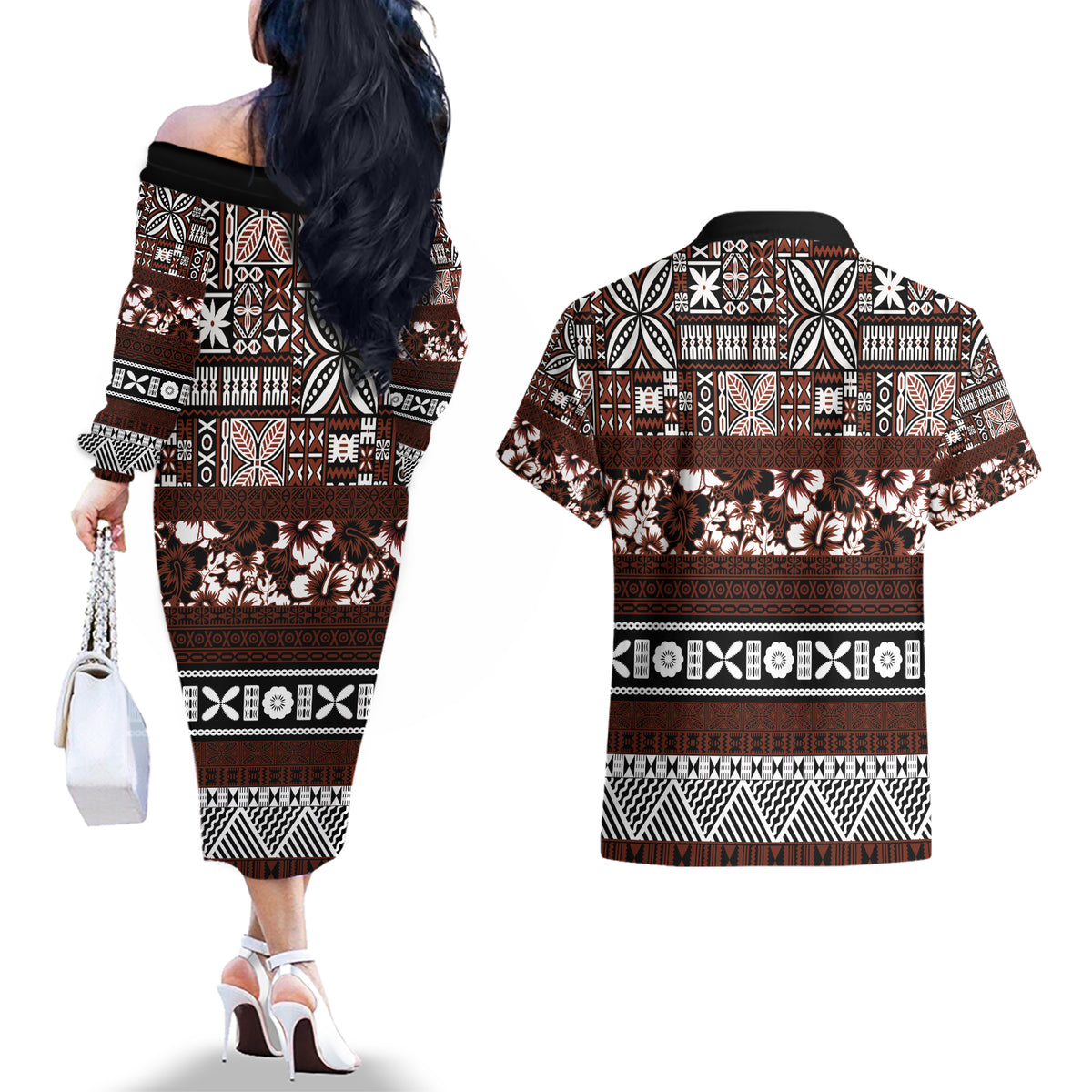 Bula Fiji Couples Matching Off The Shoulder Long Sleeve Dress and Hawaiian Shirt Fijian Tapa Masi With Hibiscus Flowers LT14 - Polynesian Pride