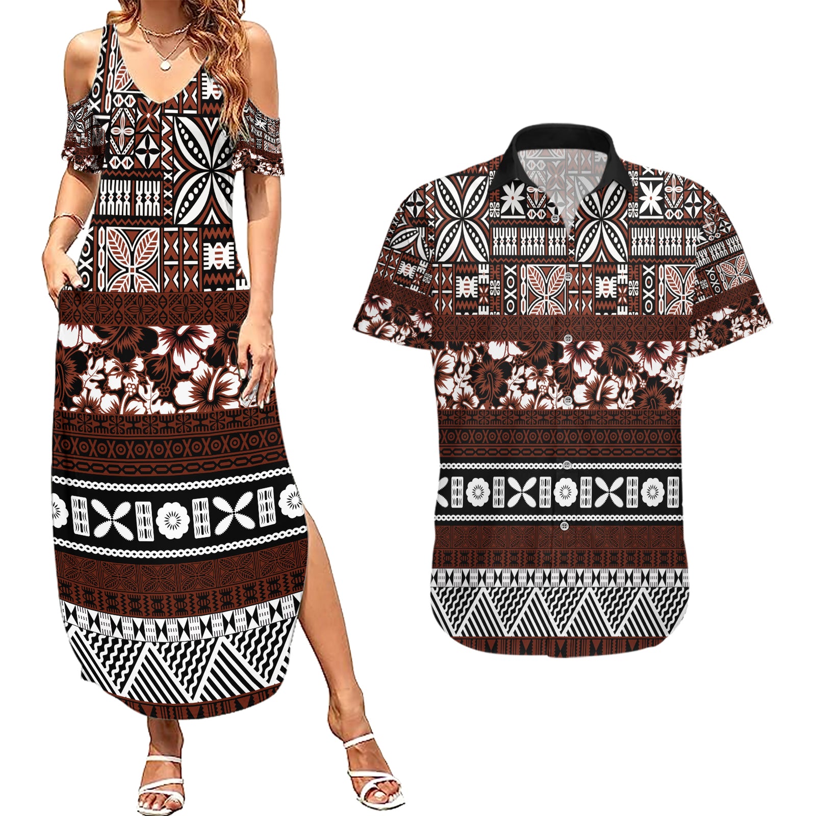Bula Fiji Couples Matching Summer Maxi Dress and Hawaiian Shirt Fijian Tapa Masi With Hibiscus Flowers LT14 Brown - Polynesian Pride