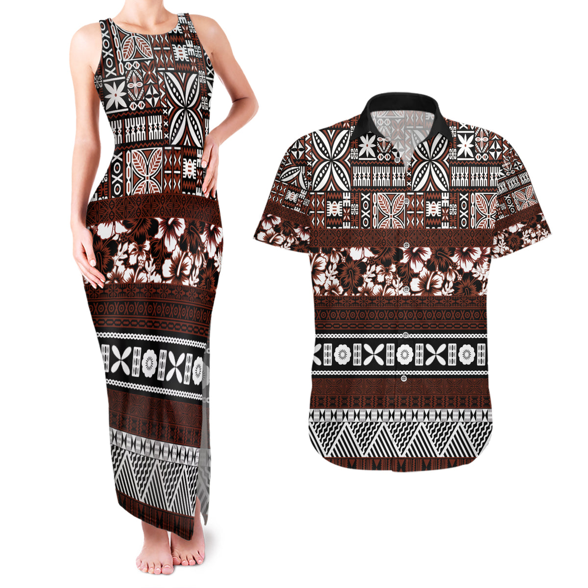 Bula Fiji Couples Matching Tank Maxi Dress and Hawaiian Shirt Fijian Tapa Masi With Hibiscus Flowers LT14 Brown - Polynesian Pride
