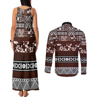 Bula Fiji Couples Matching Tank Maxi Dress and Long Sleeve Button Shirt Fijian Tapa Masi With Hibiscus Flowers LT14 - Polynesian Pride