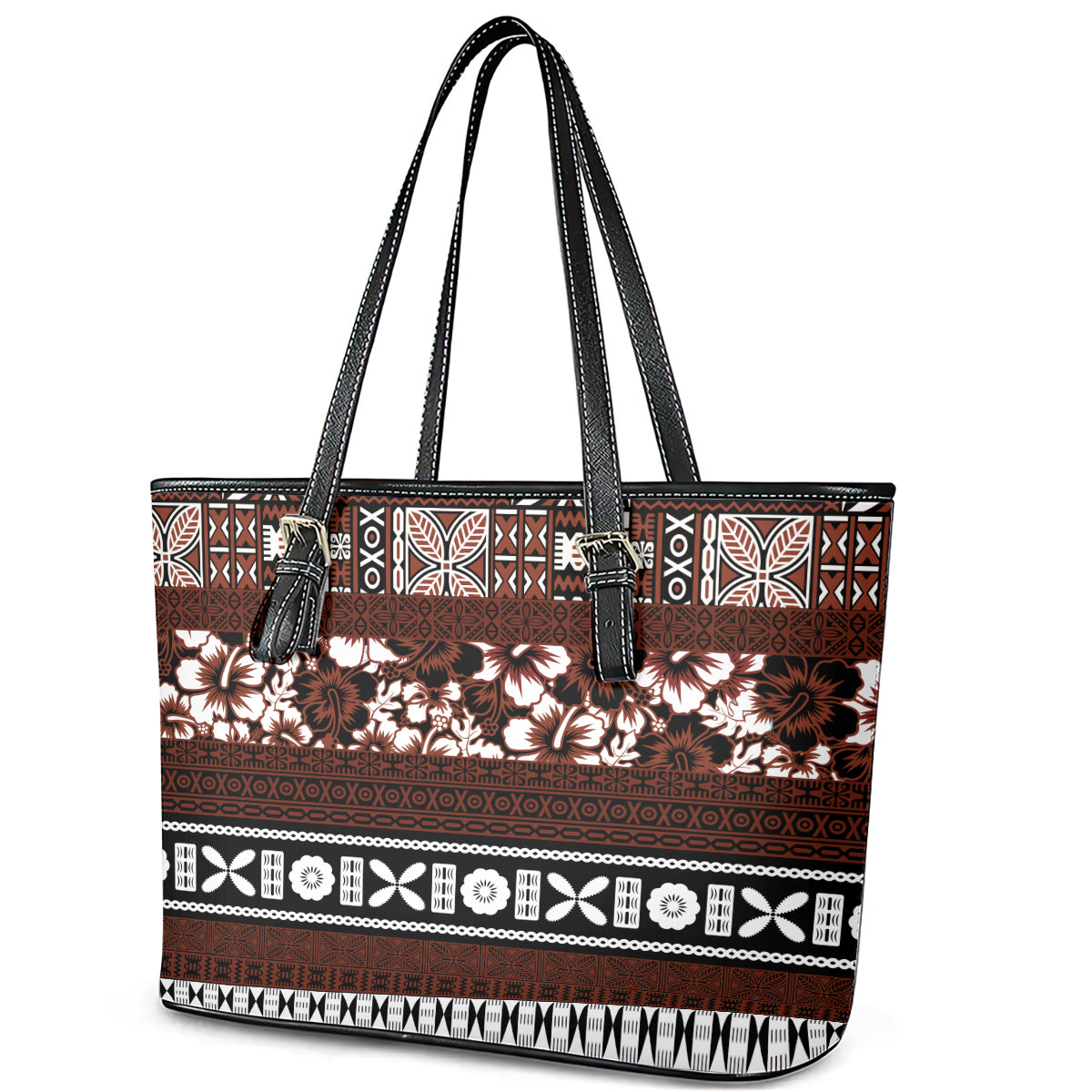 Bula Fiji Leather Tote Bag Fijian Tapa Masi With Hibiscus Flowers LT14 - Polynesian Pride