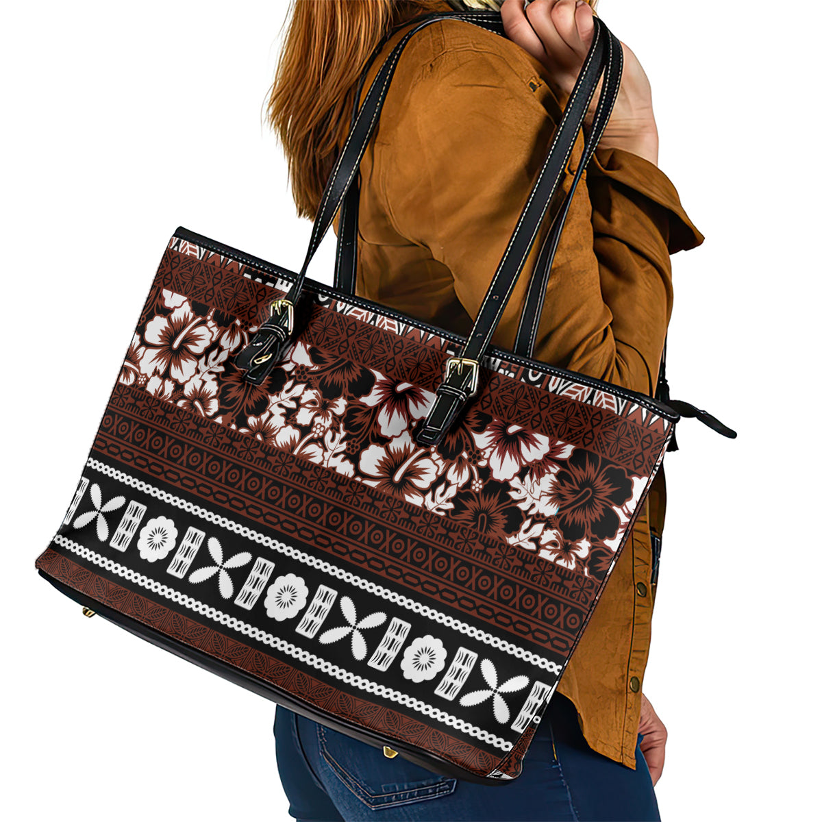 Bula Fiji Leather Tote Bag Fijian Tapa Masi With Hibiscus Flowers LT14 - Polynesian Pride