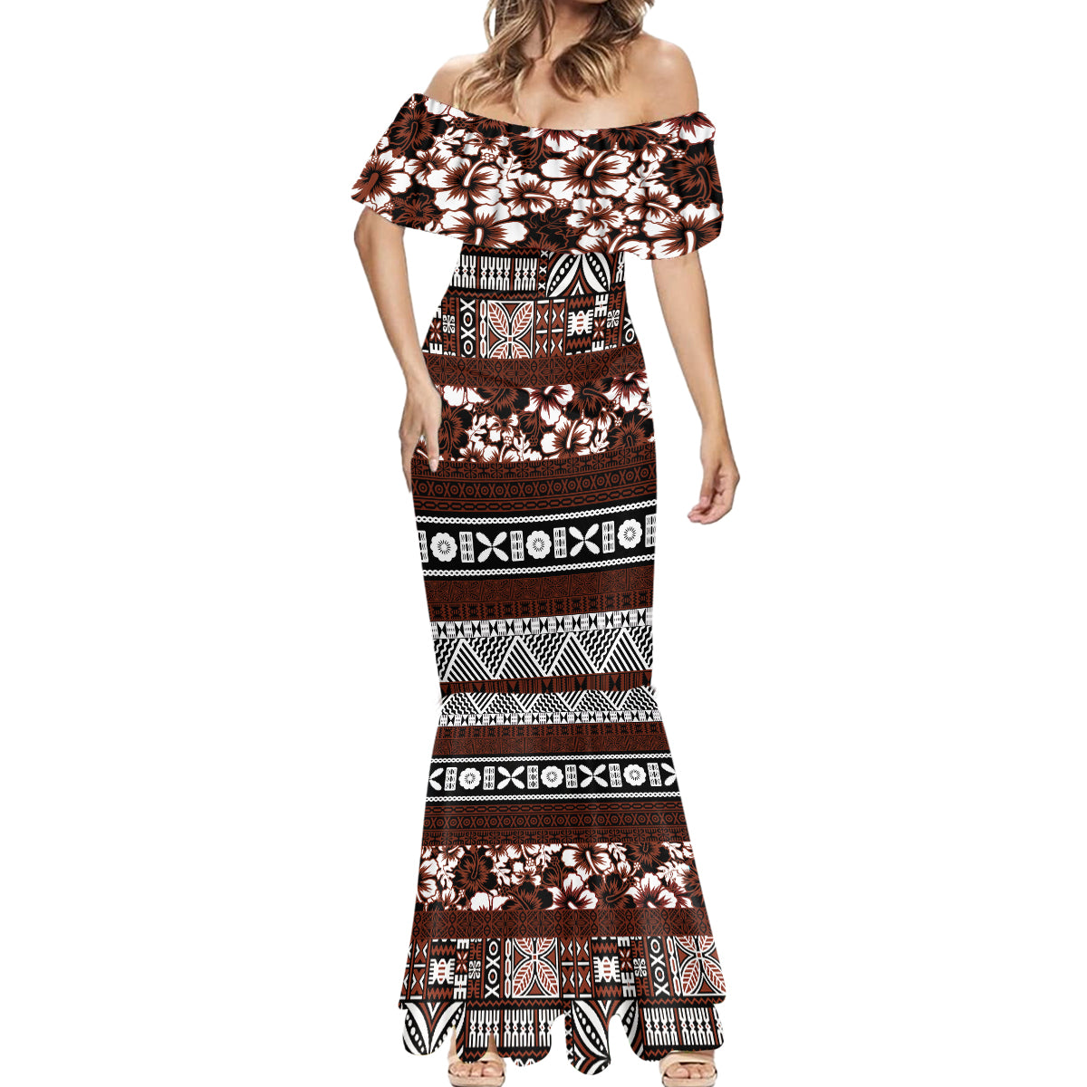 Bula Fiji Mermaid Dress Fijian Tapa Masi With Hibiscus Flowers LT14 - Polynesian Pride