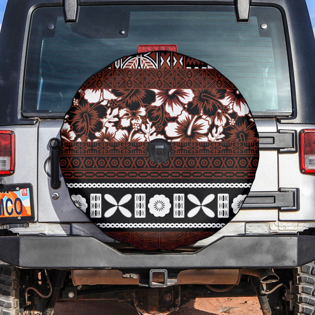 Bula Fiji Spare Tire Cover Fijian Tapa Masi With Hibiscus Flowers LT14 - Polynesian Pride