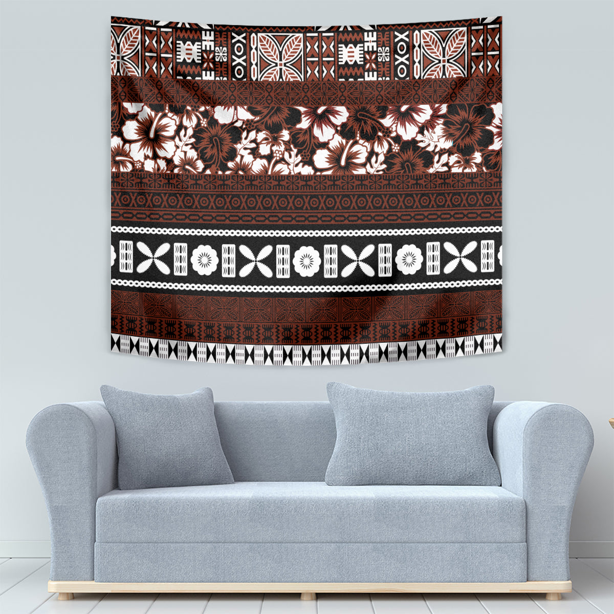 Bula Fiji Tapestry Fijian Tapa Masi With Hibiscus Flowers LT14 - Polynesian Pride