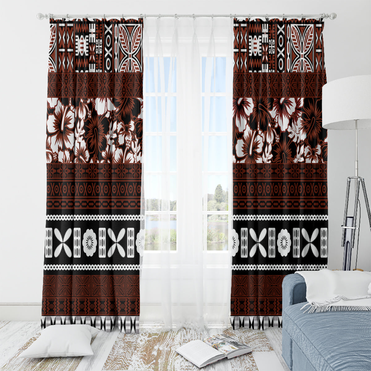 Bula Fiji Window Curtain Fijian Tapa Masi With Hibiscus Flowers LT14 - Polynesian Pride