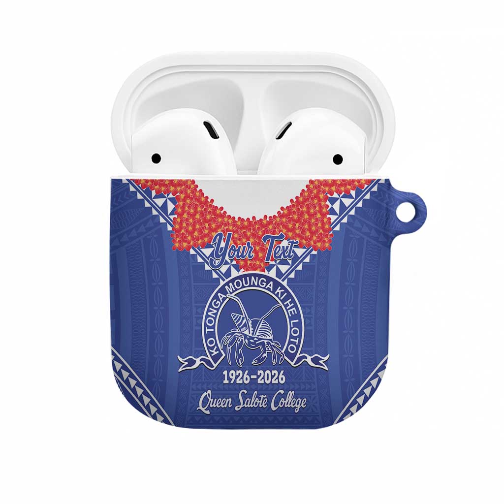 Queen Salote College 100 Years Personalized AirPods Case Tonga QSC Heilala Lei Blue Ngatu Pattern