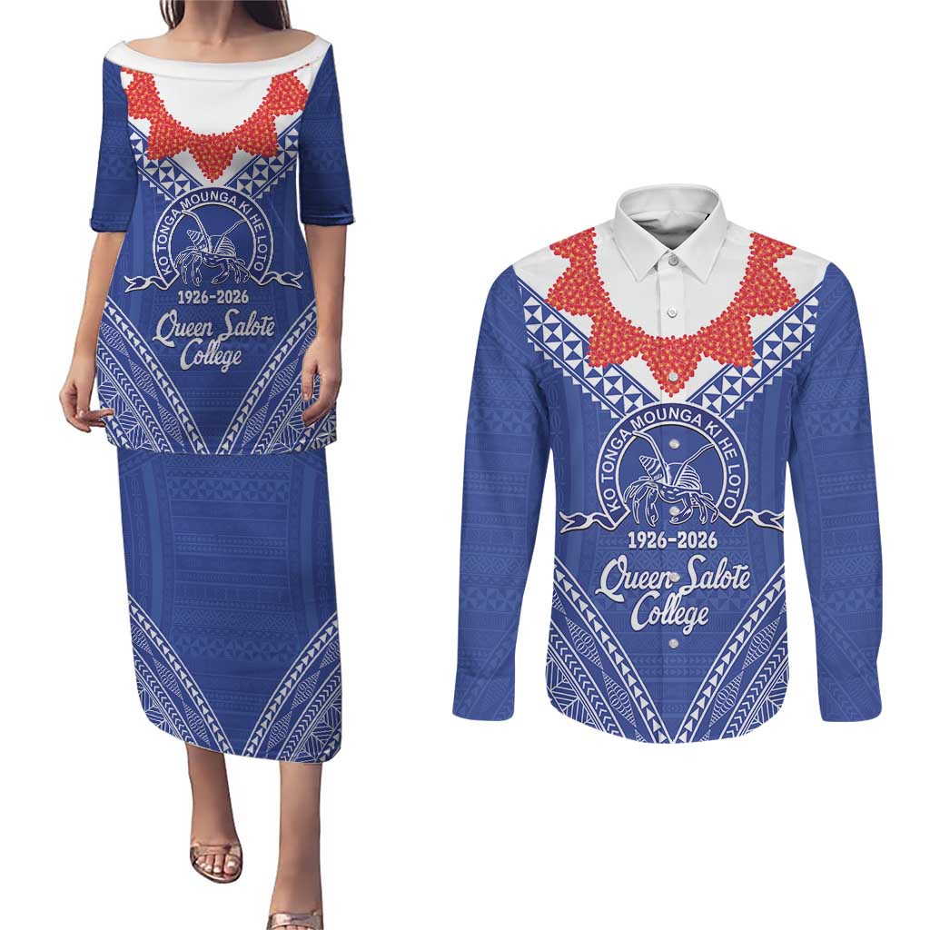 Queen Salote College 100 Years Personalized Couples Matching Puletasi and Long Sleeve Button Shirt Tonga QSC Heilala Lei Blue Ngatu Pattern
