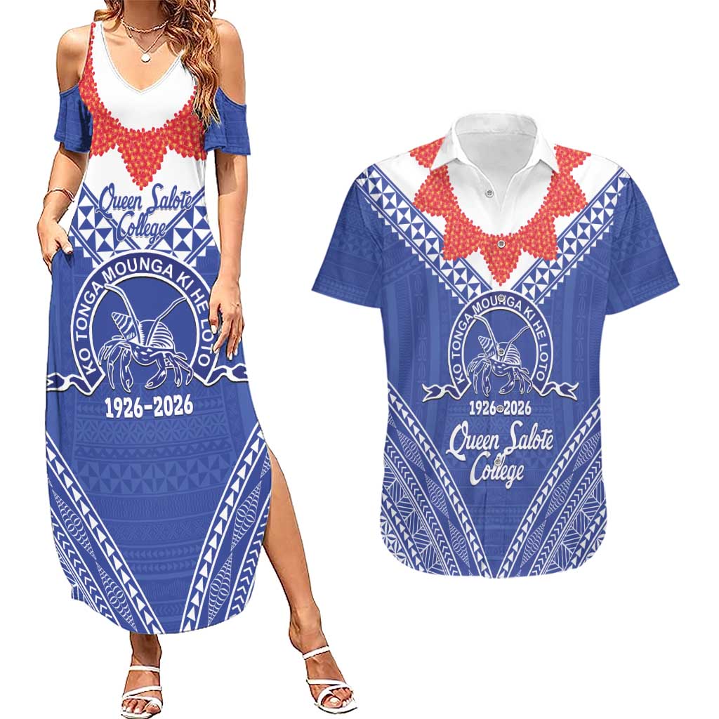 Queen Salote College 100 Years Personalized Couples Matching Summer Maxi Dress and Hawaiian Shirt Tonga QSC Heilala Lei Blue Ngatu Pattern