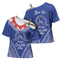 Queen Salote College 100 Years Personalized Cross Shoulder Shirt Tonga QSC Heilala Lei Blue Ngatu Pattern