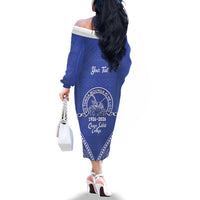 Queen Salote College 100 Years Personalized Family Matching Off The Shoulder Long Sleeve Dress and Hawaiian Shirt Tonga QSC Heilala Lei Blue Ngatu Pattern