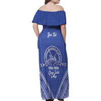 Queen Salote College 100 Years Personalized Family Matching Off Shoulder Maxi Dress and Hawaiian Shirt Tonga QSC Heilala Lei Blue Ngatu Pattern