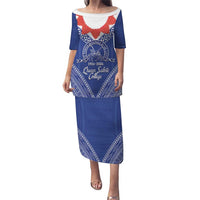 Queen Salote College 100 Years Personalized Family Matching Puletasi and Hawaiian Shirt Tonga QSC Heilala Lei Blue Ngatu Pattern