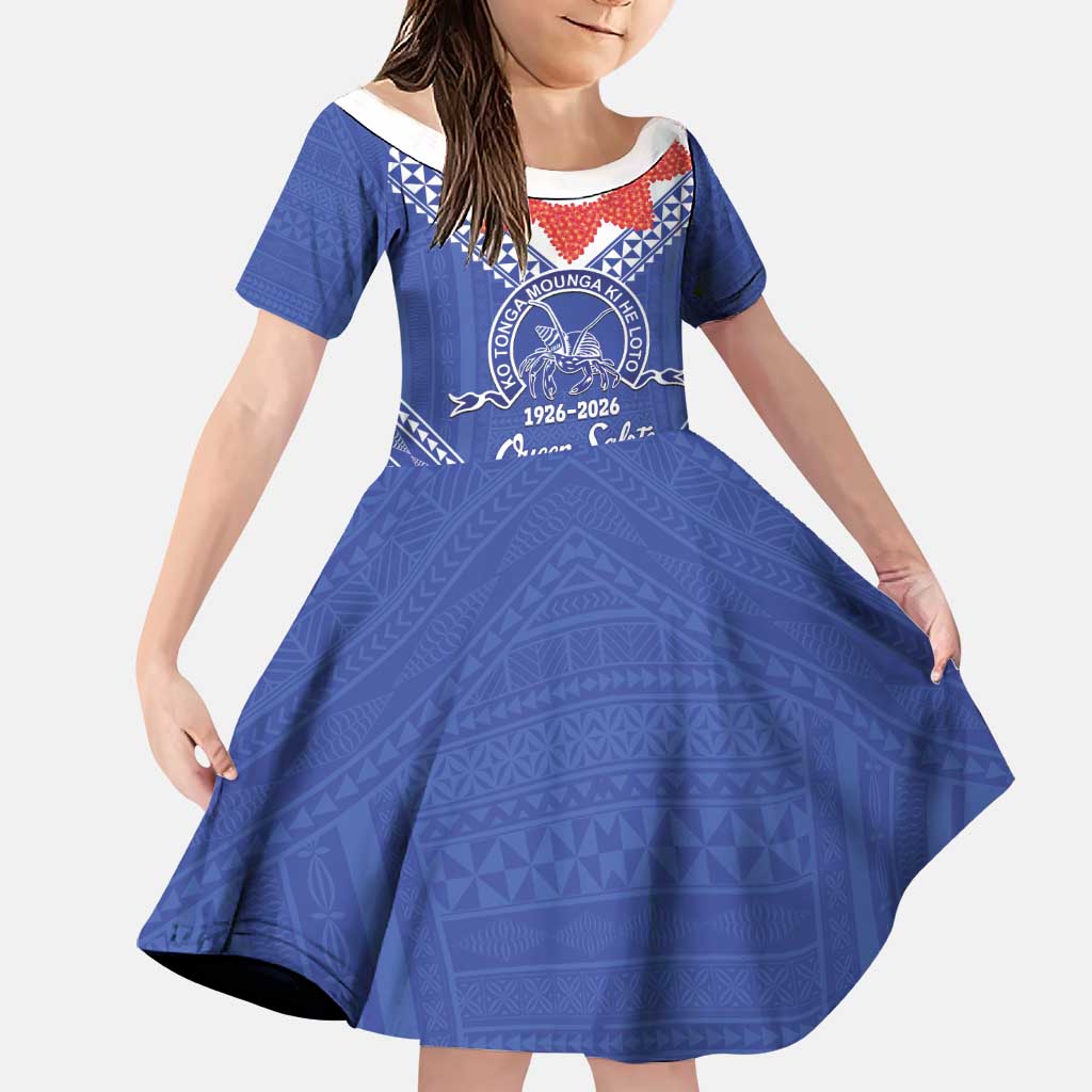 Queen Salote College 100 Years Personalized Family Matching Tank Maxi Dress and Hawaiian Shirt Tonga QSC Heilala Lei Blue Ngatu Pattern LT14 Daughter's Dress Blue - Polynesian Pride