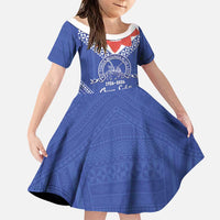 Queen Salote College 100 Years Personalized Family Matching Tank Maxi Dress and Hawaiian Shirt Tonga QSC Heilala Lei Blue Ngatu Pattern LT14 Daughter's Dress Blue - Polynesian Pride