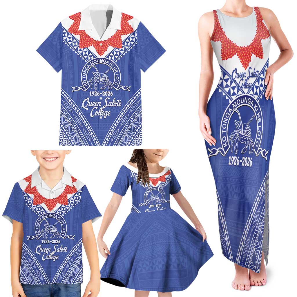 Queen Salote College 100 Years Personalized Family Matching Tank Maxi Dress and Hawaiian Shirt Tonga QSC Heilala Lei Blue Ngatu Pattern LT14 - Polynesian Pride