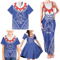 Queen Salote College 100 Years Personalized Family Matching Tank Maxi Dress and Hawaiian Shirt Tonga QSC Heilala Lei Blue Ngatu Pattern LT14 - Polynesian Pride