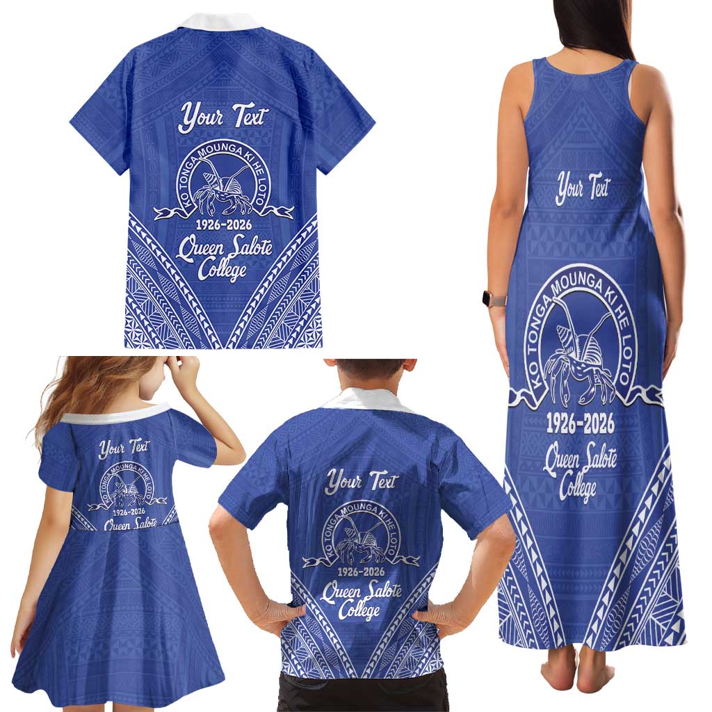Queen Salote College 100 Years Personalized Family Matching Tank Maxi Dress and Hawaiian Shirt Tonga QSC Heilala Lei Blue Ngatu Pattern LT14 - Polynesian Pride