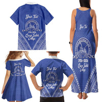 Queen Salote College 100 Years Personalized Family Matching Tank Maxi Dress and Hawaiian Shirt Tonga QSC Heilala Lei Blue Ngatu Pattern LT14 - Polynesian Pride