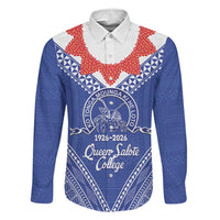 Queen Salote College 100 Years Personalized Family Matching Tank Maxi Dress and Hawaiian Shirt Tonga QSC Heilala Lei Blue Ngatu Pattern LT14 Dad's Shirt - Long Sleeve Blue - Polynesian Pride