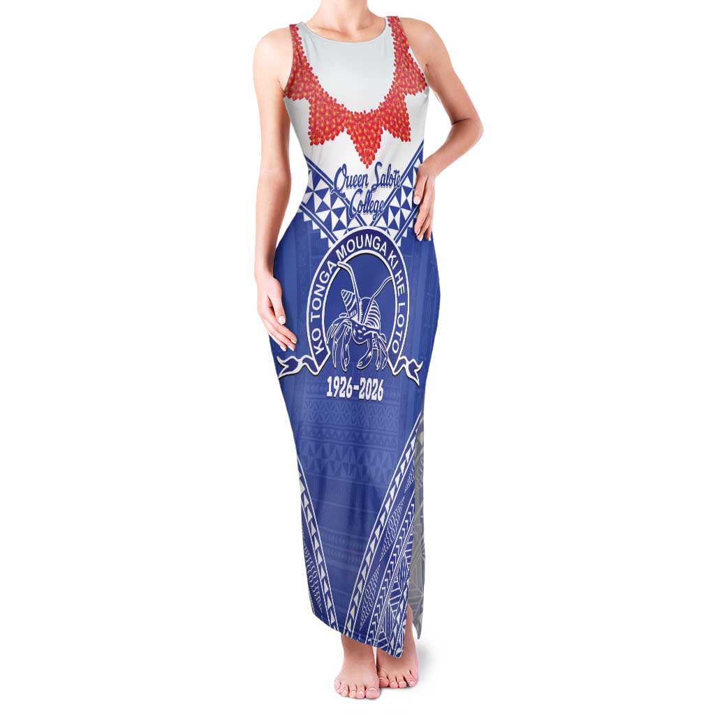 Queen Salote College 100 Years Personalized Family Matching Tank Maxi Dress and Hawaiian Shirt Tonga QSC Heilala Lei Blue Ngatu Pattern LT14 Mom's Dress Blue - Polynesian Pride