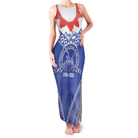 Queen Salote College 100 Years Personalized Family Matching Tank Maxi Dress and Hawaiian Shirt Tonga QSC Heilala Lei Blue Ngatu Pattern LT14 Mom's Dress Blue - Polynesian Pride