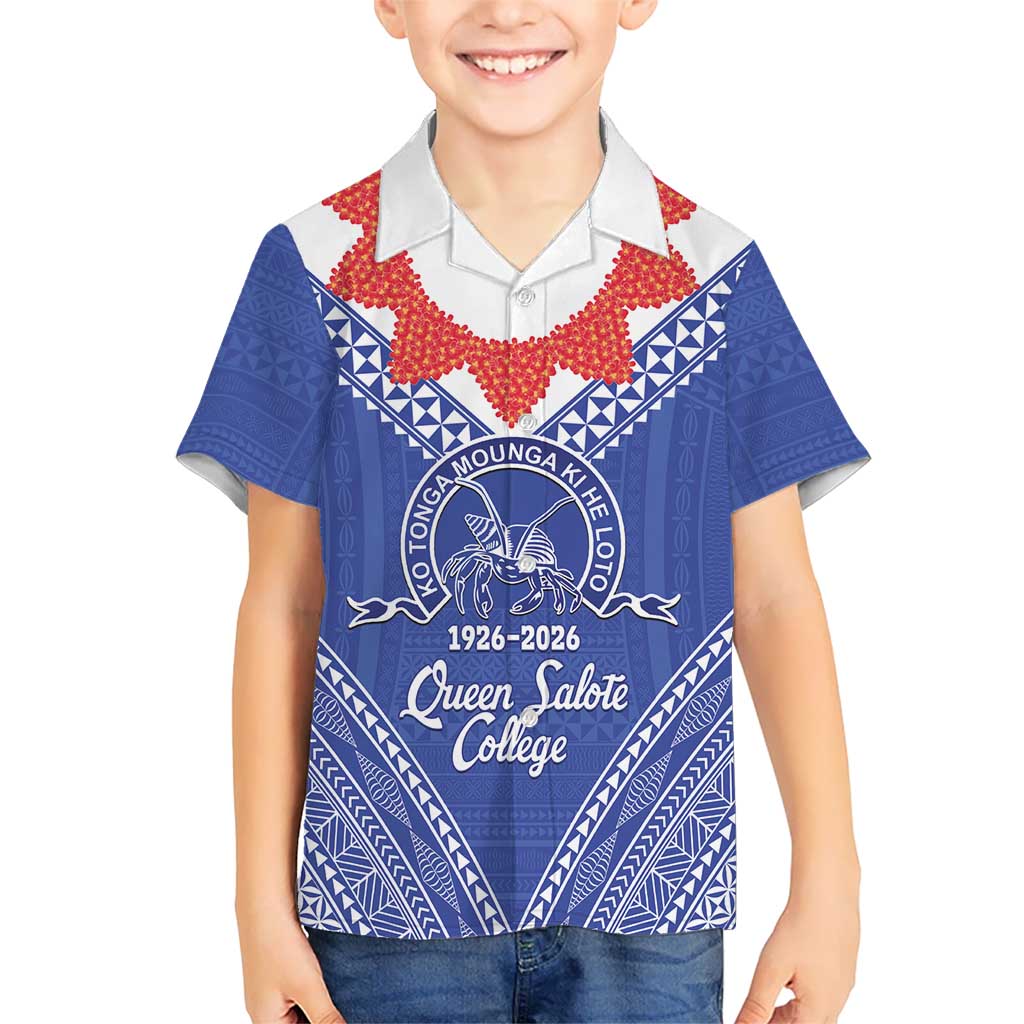 Queen Salote College 100 Years Personalized Family Matching Tank Maxi Dress and Hawaiian Shirt Tonga QSC Heilala Lei Blue Ngatu Pattern LT14 Son's Shirt Blue - Polynesian Pride