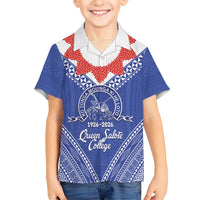 Queen Salote College 100 Years Personalized Family Matching Tank Maxi Dress and Hawaiian Shirt Tonga QSC Heilala Lei Blue Ngatu Pattern LT14 Son's Shirt Blue - Polynesian Pride