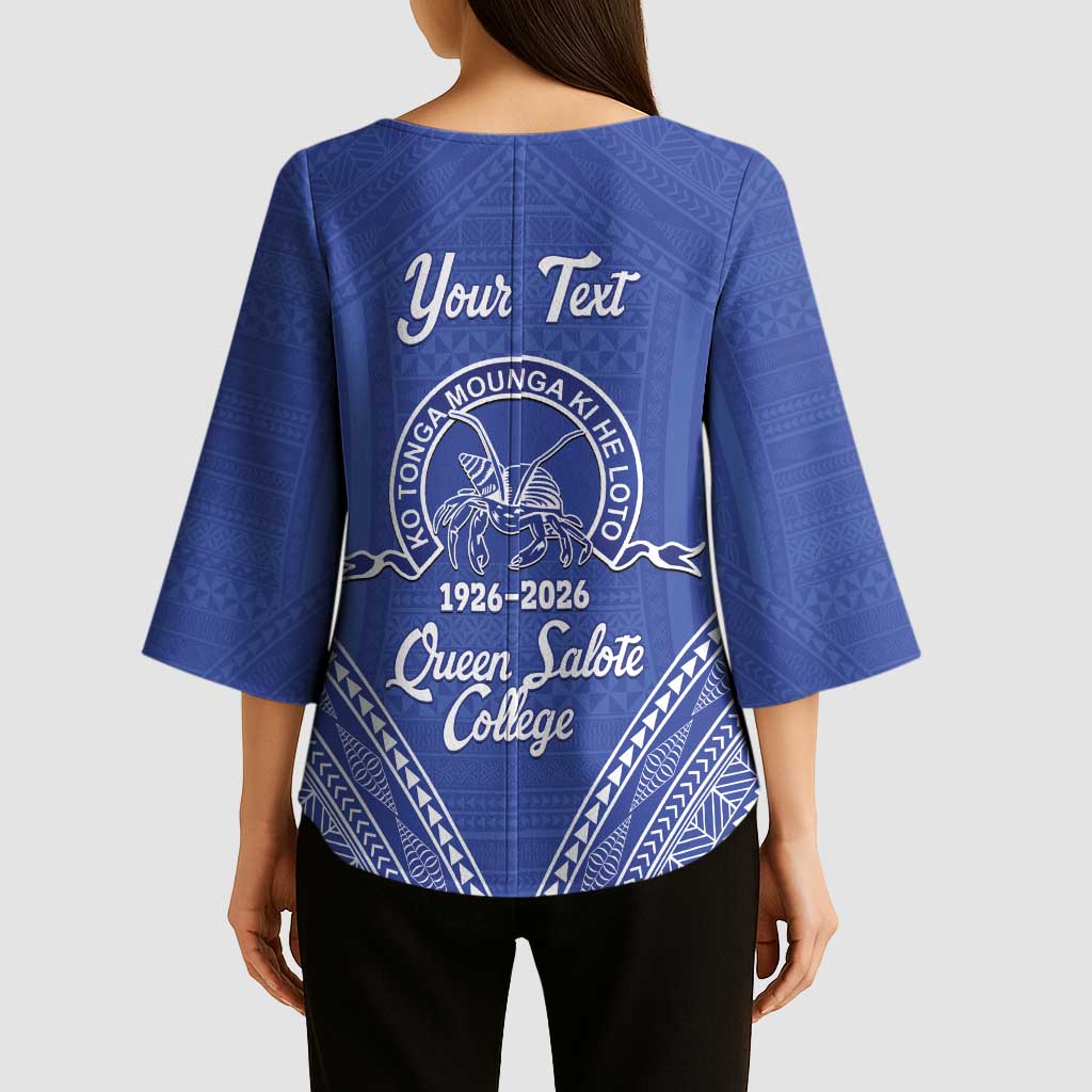 Queen Salote College 100 Years Personalized Kimono Sleeve Blouse Tonga QSC Heilala Lei Blue Ngatu Pattern