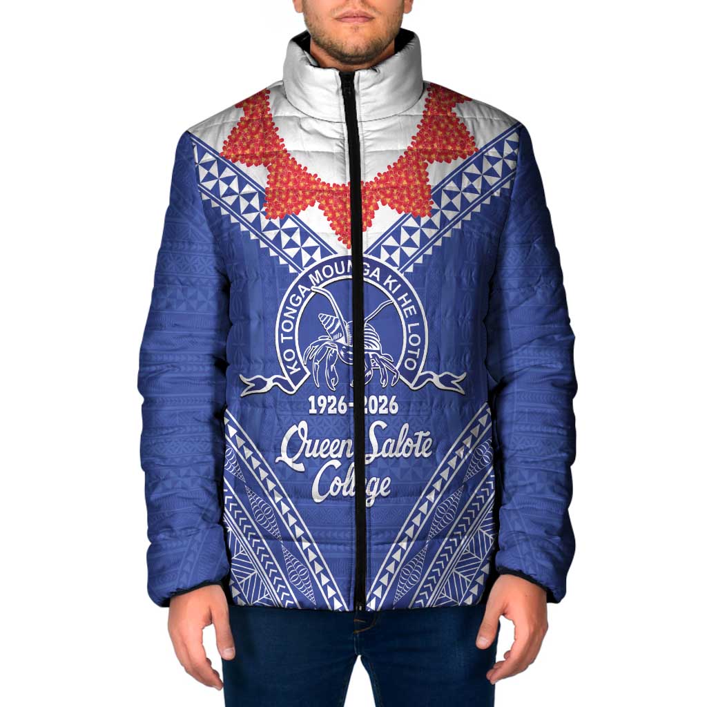 Queen Salote College 100 Years Personalized Padded Jacket Tonga QSC Heilala Lei Blue Ngatu Pattern
