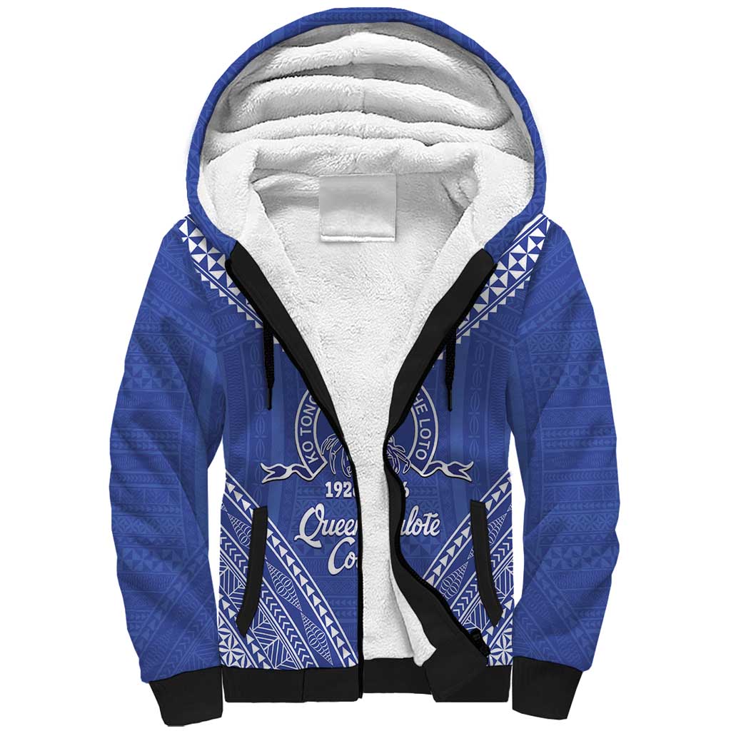 Queen Salote College 100 Years Personalized Sherpa Hoodie Tonga QSC Heilala Lei Blue Ngatu Pattern
