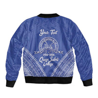 Queen Salote College 100 Years Personalized Sleeve Zip Bomber Jacket Tonga QSC Heilala Lei Blue Ngatu Pattern