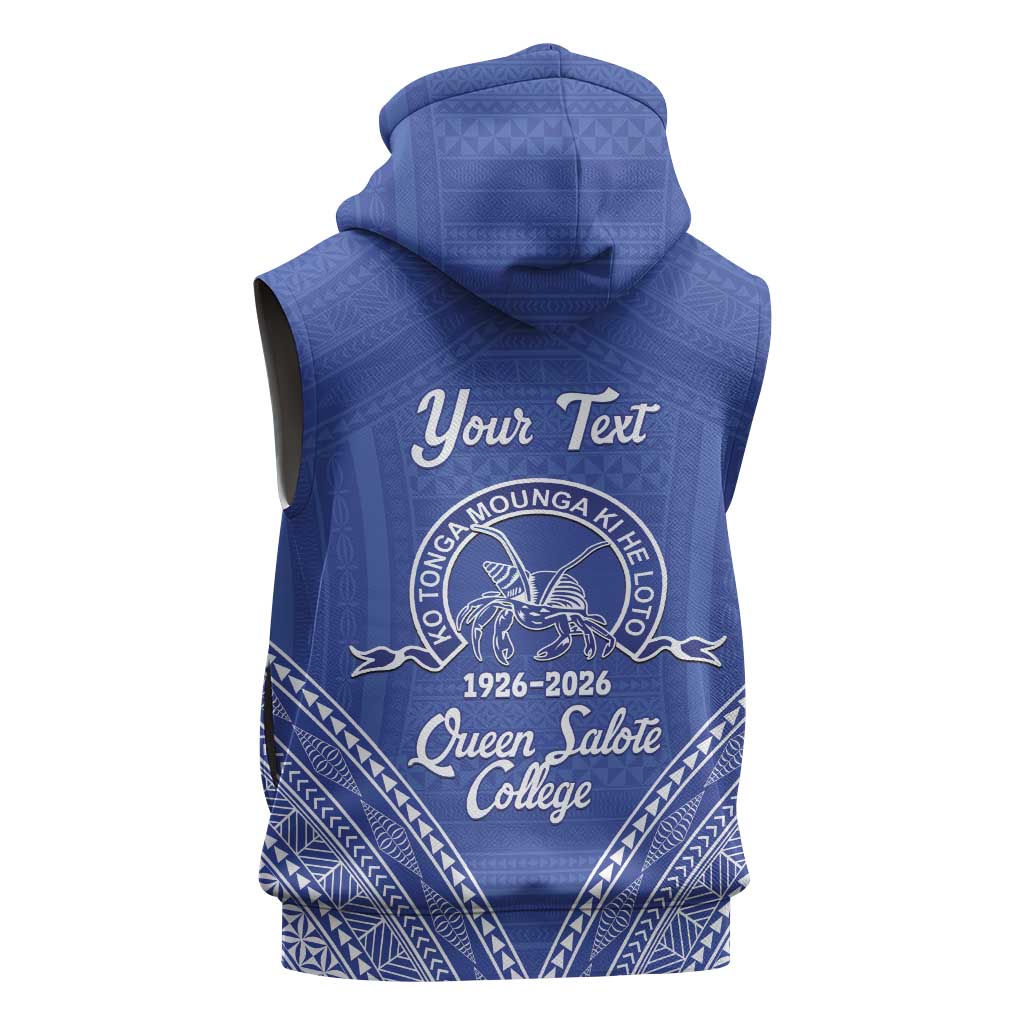Queen Salote College 100 Years Personalized Sleeveless Hoodie Tonga QSC Heilala Lei Blue Ngatu Pattern