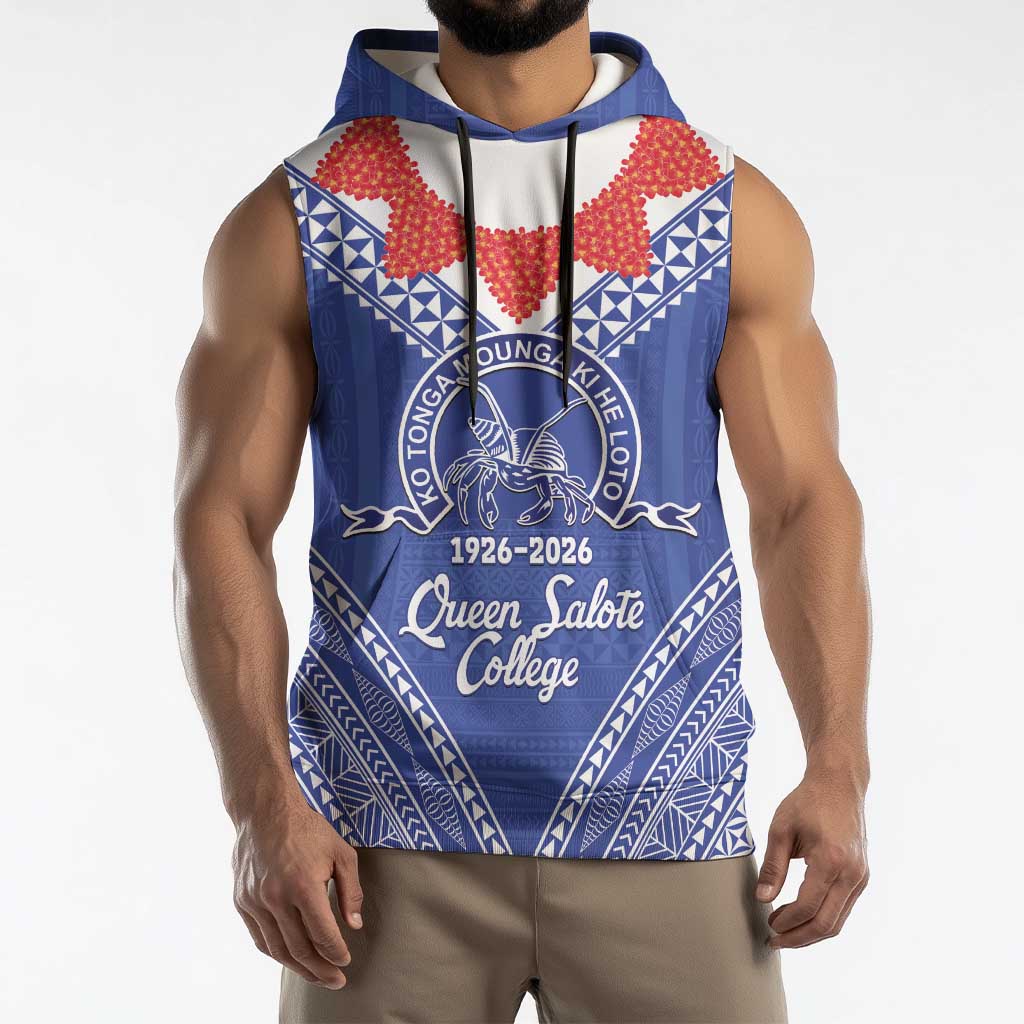 Queen Salote College 100 Years Personalized Sleeveless Hoodie Tonga QSC Heilala Lei Blue Ngatu Pattern