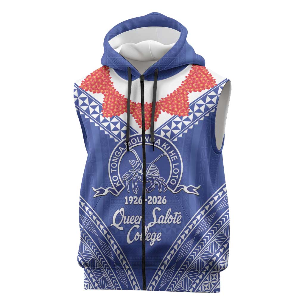 Queen Salote College 100 Years Personalized Sleeveless Zip Hoodie Tonga QSC Heilala Lei Blue Ngatu Pattern