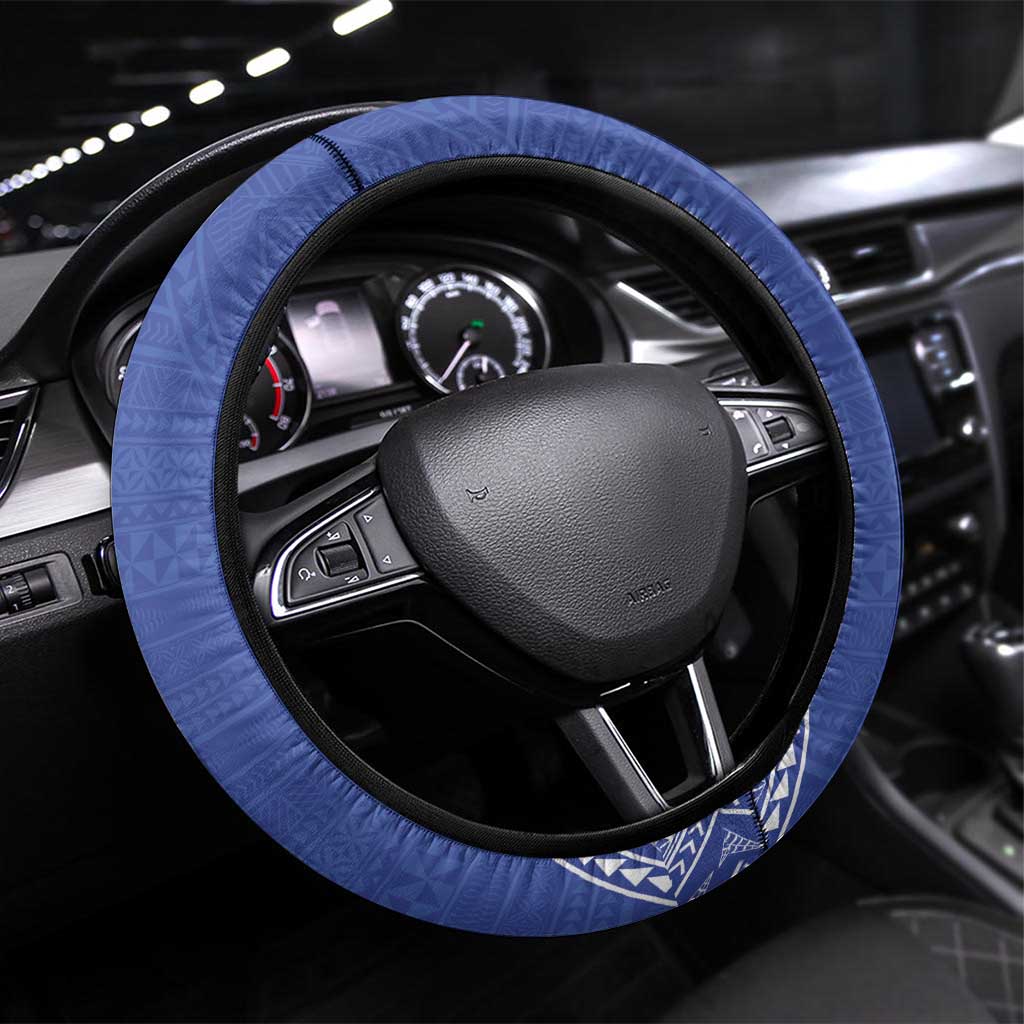 Queen Salote College 100 Years Steering Wheel Cover Tonga QSC Heilala Lei Blue Ngatu Pattern LT14 Universal Fit Blue - Polynesian Pride