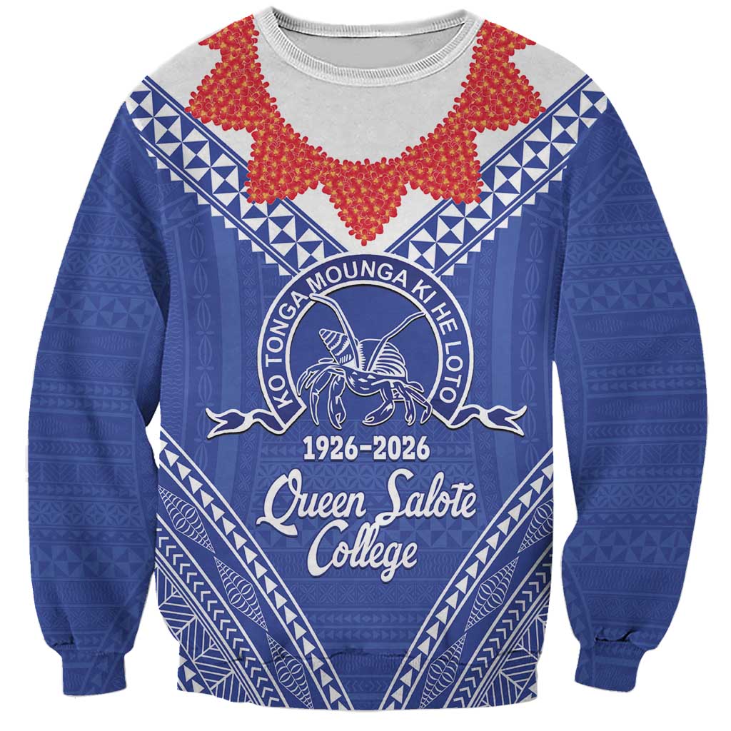 Queen Salote College 100 Years Personalized Sweatshirt Tonga QSC Heilala Lei Blue Ngatu Pattern