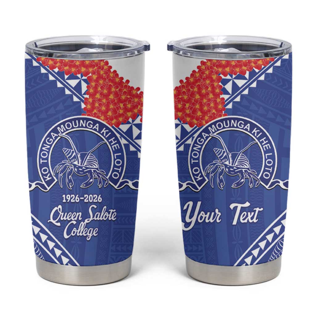 Queen Salote College 100 Years Personalized Tumbler Cup Tonga QSC Heilala Lei Blue Ngatu Pattern